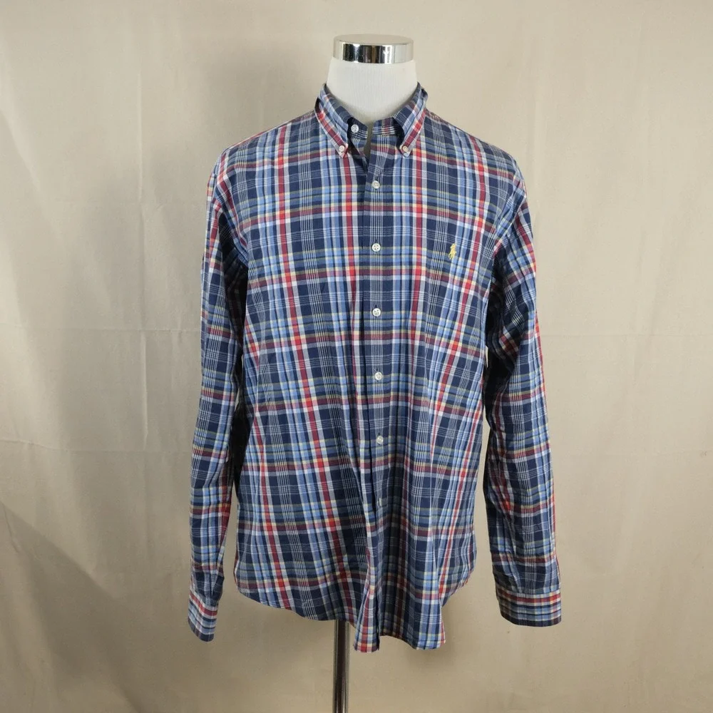Polo Ralph Lauren XXL Custom Fit Button Down Shirt Red White Blue Plaid Mens
